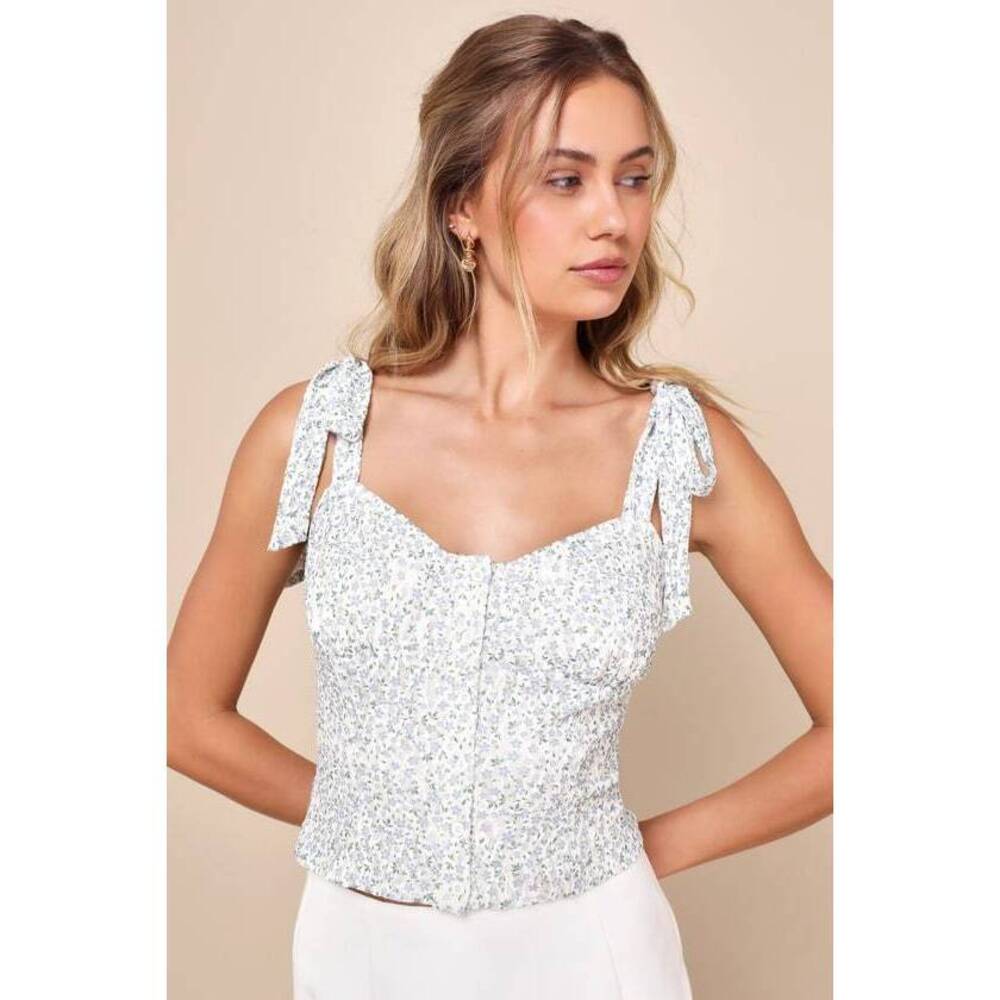Lulus Casual Sweetness Ivory Floral Lace Button-front Tie-strap Top White